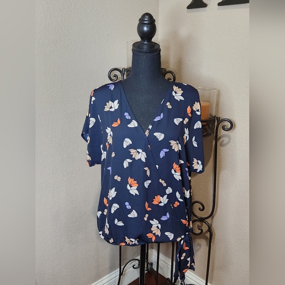 West K Tops - West K Dallas Side Tie Dolman Sleeve Navy Floral Wrap Blouse. NWT. Size Large.
